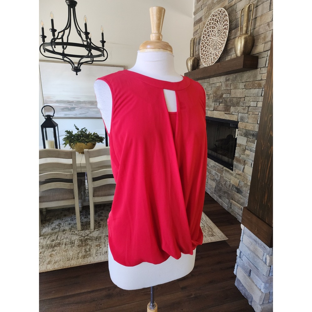 41 Hawthorn Red Sleeveless Keyhole Blouse Ribbon Tie Back Draped Front Medium